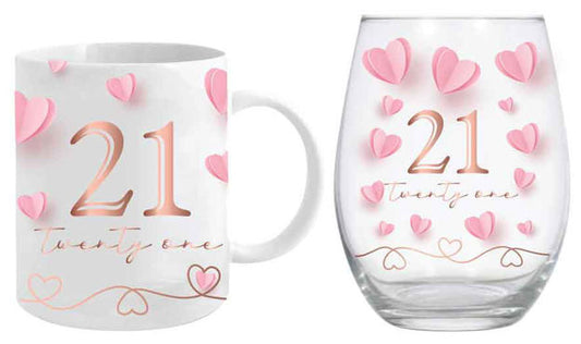 Birthday Mug and Stemless Wine Glass Set - 21st