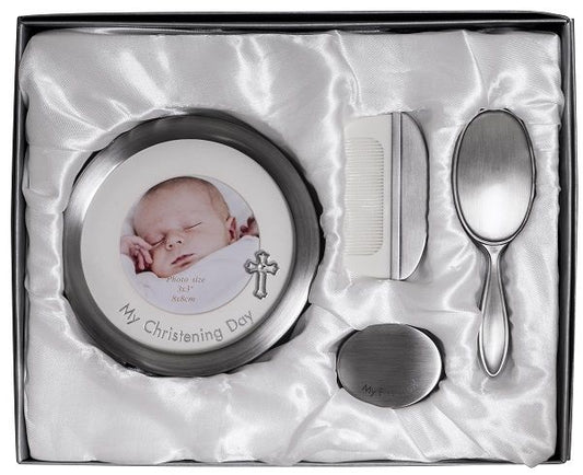 Christening Day Set with Frame, Brush, Comb & Curl Box | Pewter Finish