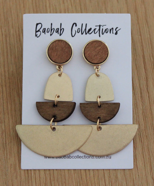 Gilded Earring: 4pc Drop, Wood & Gold Half Moon Drop
