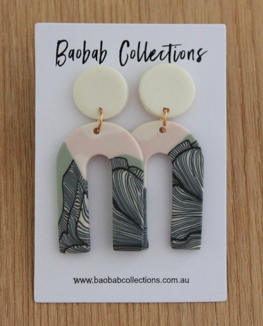 Sketch Earring: Horseshoe Drop, Soft Pink & Mint w/ Navy Floral Sketches