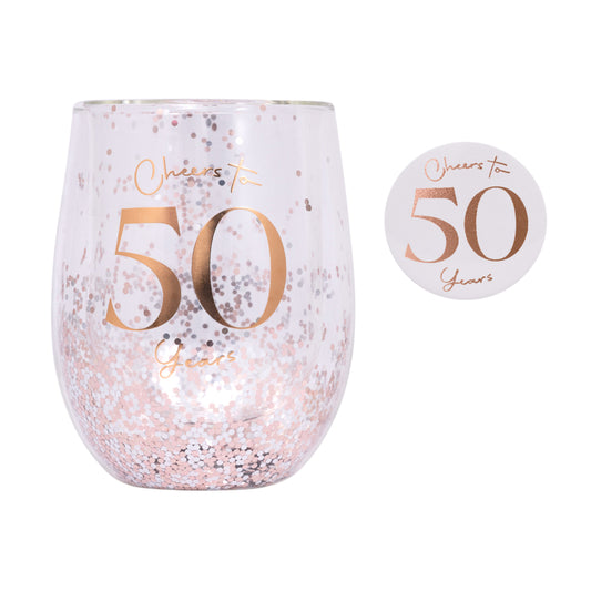 Celebration 50th Birthday Glitter Stemless Glass & Badge Set | Splosh
