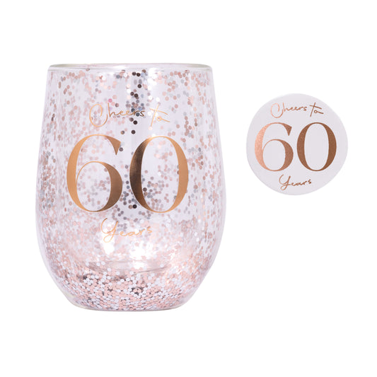 Celebration 60th Birthday Glitter Stemless Glass & Badge Set | Splosh